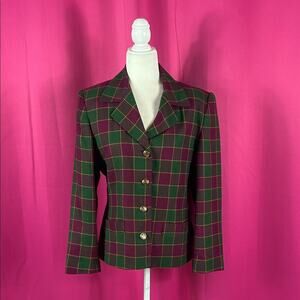 Vintage Kate McNaughton burgundy and green checked blazer suit jacket, size 8